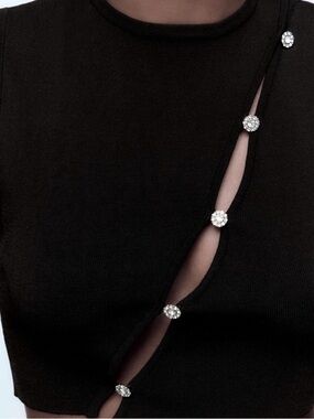 Black cut out crop top with rhinestone buttons